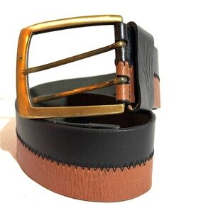 Vintage Black and Brown Leather Belt with Gold Buckle